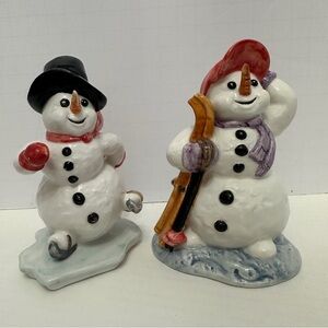 Goebel Ceramic Snowman Figurines Lot of 2 Ice Skater & Skier 4.5” Winter Decor